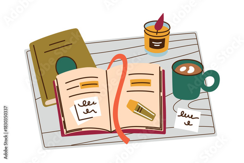Cozy home reading corner, flat cartoon vector illustration with open book, journal, notes, markers, candle, coffee mug, mindfulness theme, self care mood, warm stationery setup