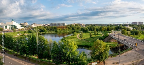 Tver, panorama, automobile bridge over the Tmaka River, Pokrovskaya Church and urban development.