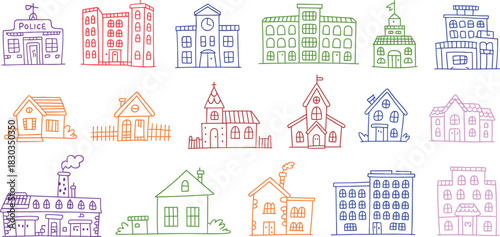 Colorful Hand Drawn Doodle Buildings Collection On White Background house police