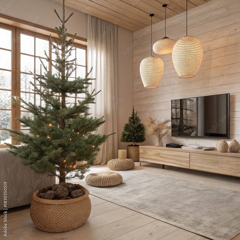 Obraz premium Cozy living room decorated for christmas with a natural fir tree