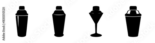 Stylized collection of cocktail shakers and barware tools, including boston shakers and cobbler shakers, essential for professional bartending and home mixology applications, on a clean background.