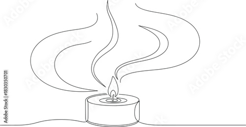 Single line drawing of a lit candle with elegant smoke swirls, symbolizing warmth, light, and remembrance