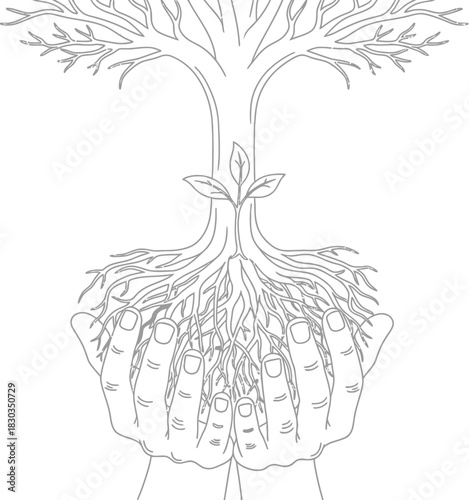 A symbolic illustration of hands cradling a tree with extensive roots, representing growth, nature, and connection