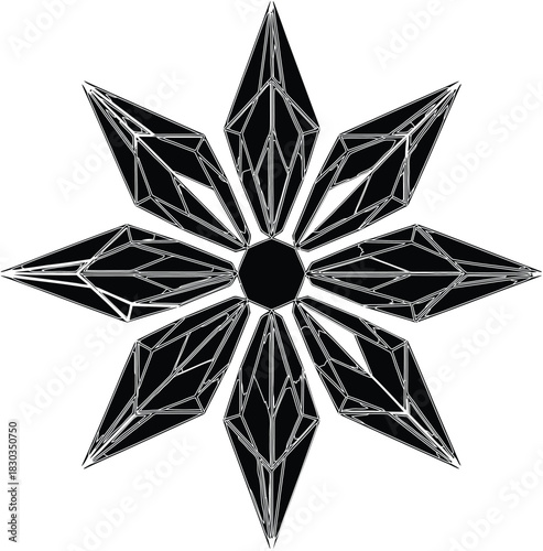 Black and white abstract geometric crystal starburst shape with sharp pointed facets and dark filled segments
