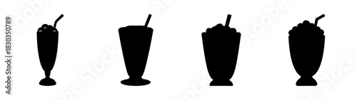 Collection of four distinct black silhouettes featuring popular cold beverages in tall glasses with straws, including milkshakes, smoothies, and frosted drinks, ideal for menu design or cafe branding.