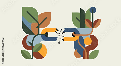 Abstract illustration of a broken chain interlinking stylized plant growth, conveying concepts of severed natural connections, ecological imbalance, or a missing environmental link