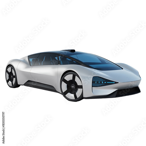 Sleek futuristic silver concept sports car with unique wheel design isolated on transparent background