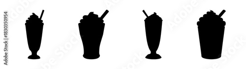Assortment of cold beverage silhouettes with whipped cream and straws, including milkshakes, frappes, and iced coffee cups, perfect for cafe menus, branding, and sweet treat designs