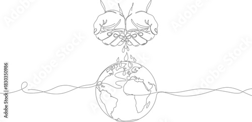 Hands cupping water pouring onto the planet earth, symbolizing conservation and environmental care