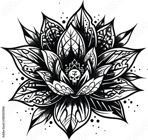 A striking black and white illustration of a lotus flower with intricate, tribalinspired patterns and a skull at its center, symbolizing transformation, rebirth, and the duality of life and death