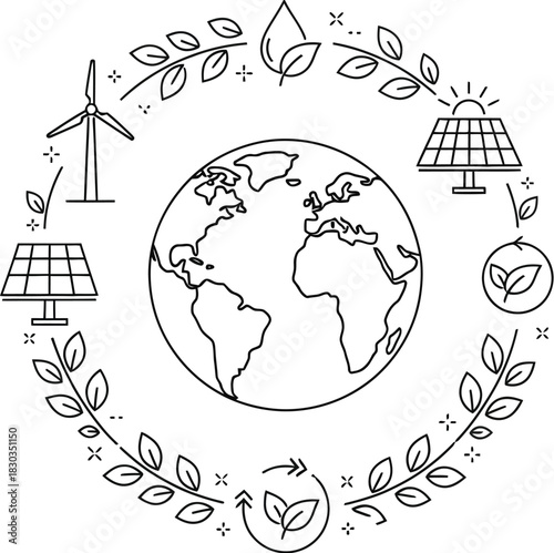 An illustration depicting the earth surrounded by a wreath of leaves and icons representing renewable energy sources like solar panels and wind turbines
