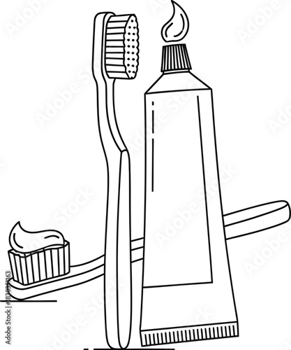 Simple line drawing of a toothbrush, toothpaste tube, and a small amount of toothpaste on a toothbrush, representing dental hygiene