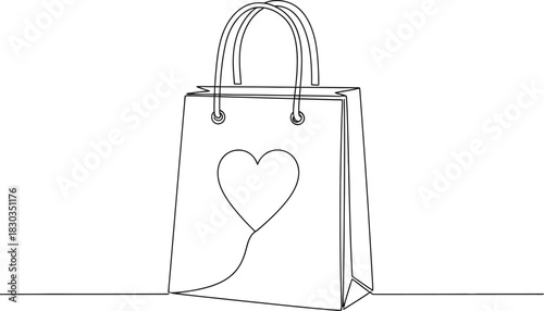 A continuous line drawing of a shopping bag with a heart on it