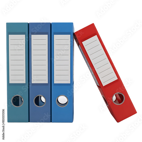 Three blue and green binders standing next to a red binder isolated on transparent background