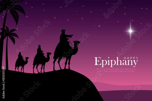 Three wise men silhouette in desert following glowing star. Happy epiphany day vector illustration.