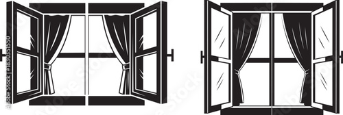 Two black and white silhouette icons of open window with curtain, isolated on white background