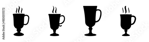 Set of diverse hot beverage mug and glass silhouettes, featuring various designs with steam indicating warmth and comfort, ideal for cafe menus and drink-related graphics.