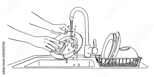 線画のシンクでの皿洗い（手洗い・家事）,キッチン,水仕事,食器洗い,衛生,日常,シンプル,ベクター