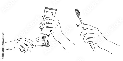 線画の歯ブラシと歯磨き粉（オーラルケア・手）,歯磨き習慣,デンタルケア,清潔,日常,シンプル,ベクター