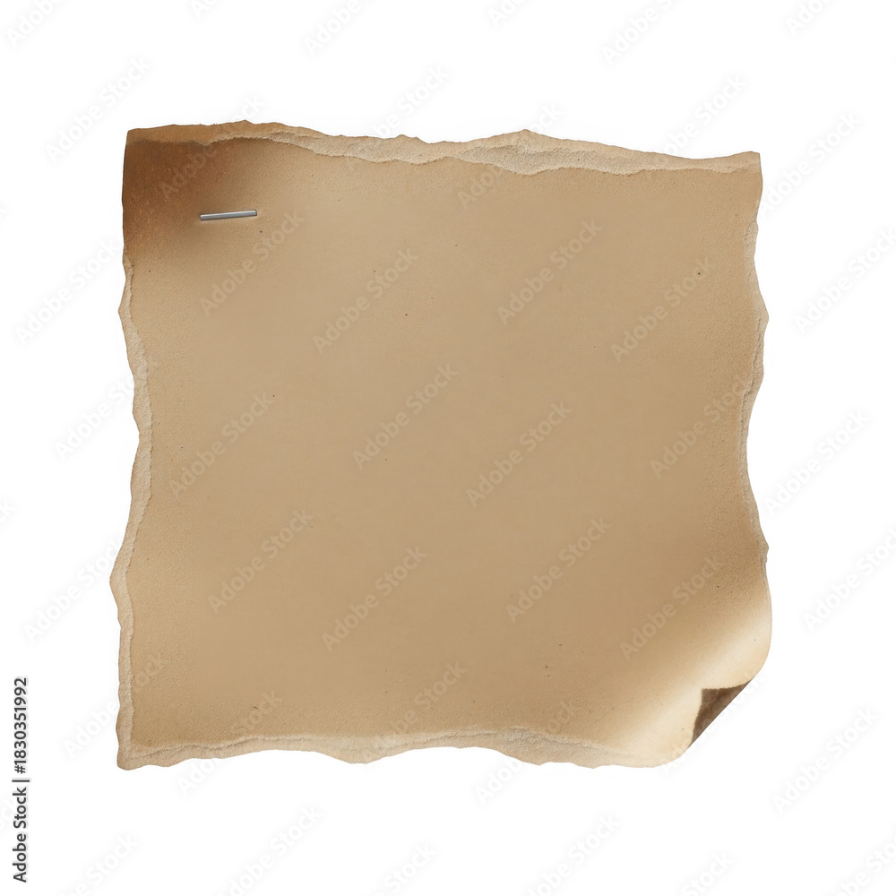 Fototapeta premium Torn brown paper with staple and curled corner, aged textured isolated on transparent background