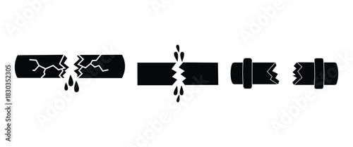 Cartoon Burst Pipe and Water Leak Illustration Set Showing Cracked Pipelines, Turbulent Flow, and Plumbing Repair Concepts