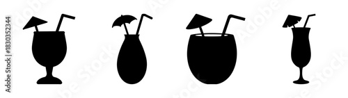 Silhouettes of tropical cocktails featuring decorative umbrellas and straws, presented in various glass shapes, ideal for summer, party, vacation, or hospitality design elements