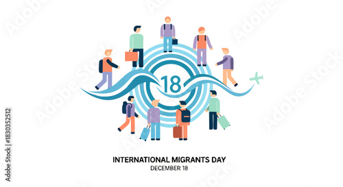 Vector illustration celebrating International Migrants Day on December 18, featuring a diverse community of people traveling globally