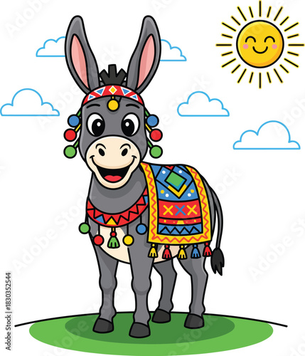A cheerful cartoon donkey wearing a colorful festive saddle blanket and a decorative harness.