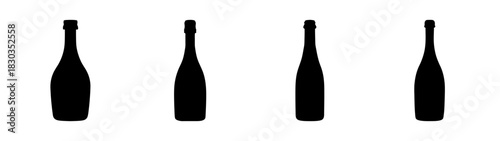 Black silhouettes of various wine and champagne bottles arranged horizontally on a clean white background, showcasing minimalist design and a sleek, modern aesthetic for beverage concepts
