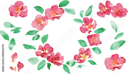 椿の和風年賀状フレーム。水彩画。水彩タッチのベクター和風背景。Japanese-style New Year's card frame with camellia flowers. Watercolor painting. Vector Japanese-style background with a watercolor touch.