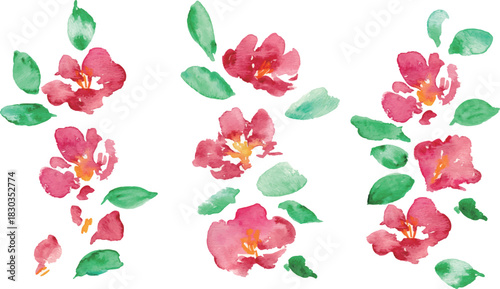 椿の和風年賀状フレーム。水彩画。水彩タッチのベクター和風背景。Japanese-style New Year's card frame with camellia flowers. Watercolor painting. Vector Japanese-style background with a watercolor touch.