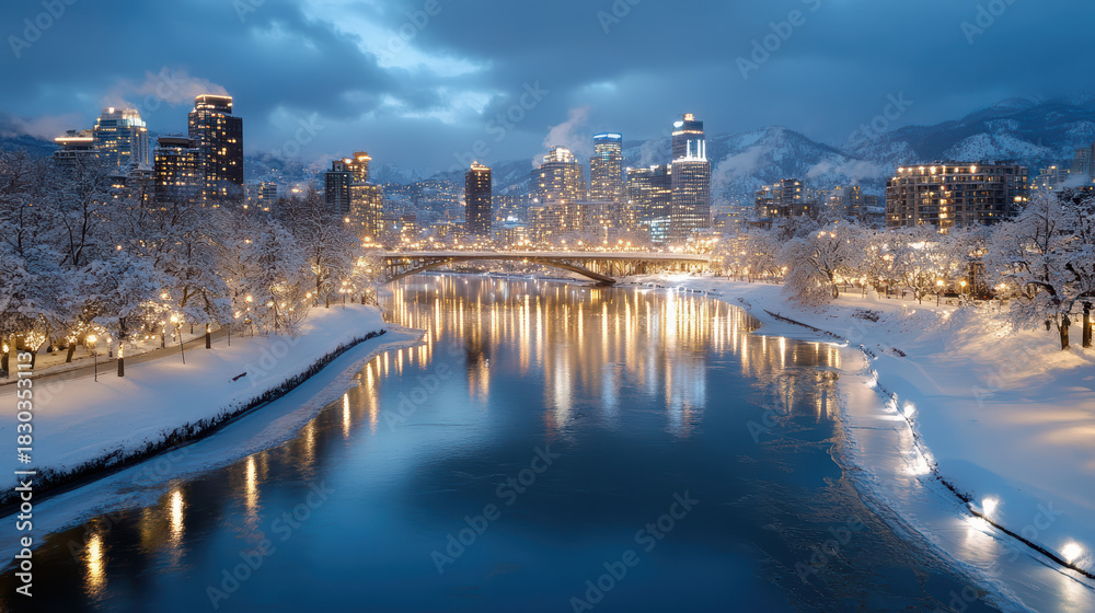 Fototapeta premium Snowy city skyline at dusk with glowing bridge lights and reflective river