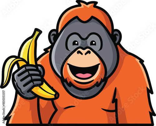 A happy cartoon orangutan with bright orange fur smiling while holding a peeled yellow banana.