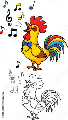 A vibrant cartoon rooster with a red comb and colorful tail crowing musical notes while wearing a blue bow tie.