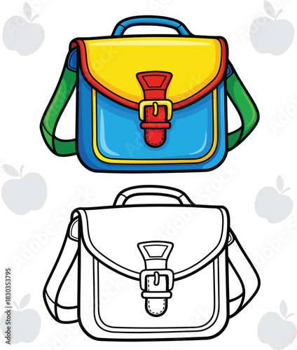 Colorful cartoon school satchel with a red buckle and its black and white line art coloring book version.
