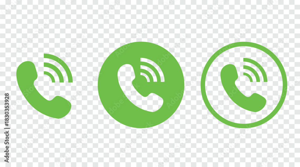 Fototapeta premium Green Phone Call Icon Set with Ringing Signal Symbols on Transparent Background