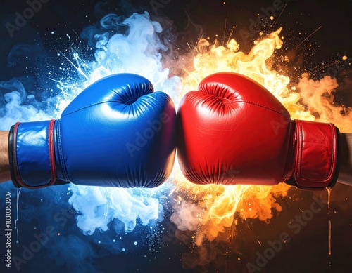 Boxing gloves clash, blue versus red, fire and ice