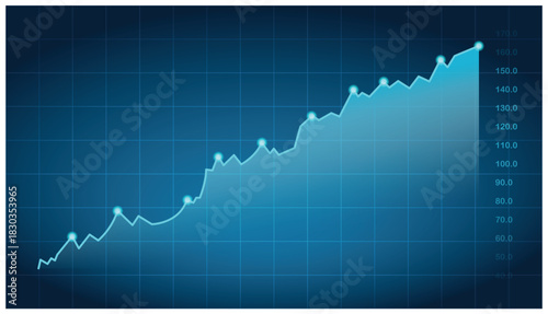 Rising Financial Line Chart with Data Points on Blue Grid Background