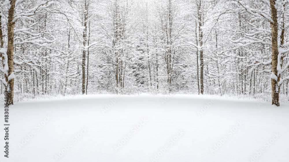 Fototapeta premium Snowy winter forest clearing with birch tree trunks and soft falling snow