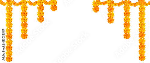 Quadro su tela Indian festival Thoranam or Toran of marigold flowers isolated on transparent background with mango leaf, hanging in entrance of house, reception, mall