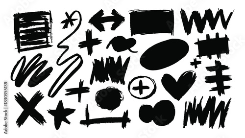 Collection of black hand drawn doodle elements, abstract brush strokes, scribbles, arrows, shapes, heart, cross, star, and hash for design