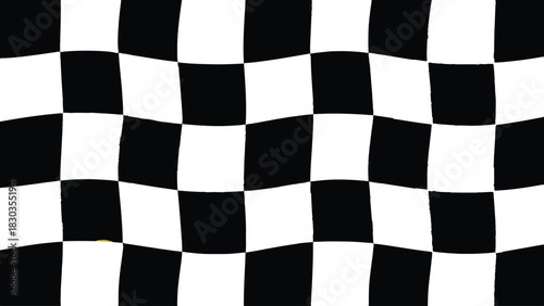 Wavy or distorted black and white checkerboard pattern background, representing a racing flag or abstract graphic design element with a slightly irregular, handdrawn appearance