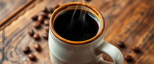 Dark roasted coffee in a ceramic mug, steam rising, rich, chocolate