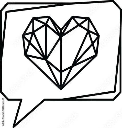 A geometric heart shape composed of interconnected lines and polygons, enclosed within a speech bubble outline, representing love, affection, or a message of heartfelt emotion