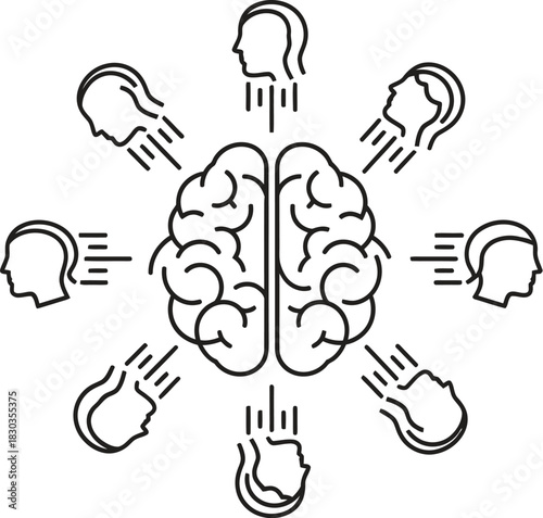 Conceptual illustration of a human brain with multiple thought bubbles or ideas radiating outwards, symbolizing creativity and intellect
