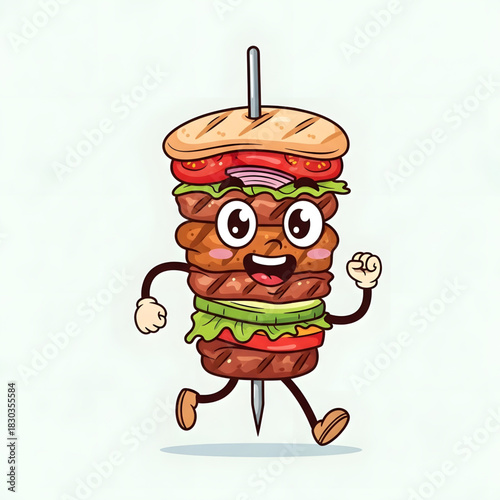 Cute and funny doner kebab shawarma mascot with a smiling face, running as a symbol of quick food service and tasty street food meals