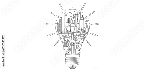 Creative concept of a light bulb filled with a city skyline and bridge, symbolizing innovation and urban ideas