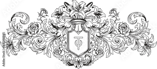 Elegant black and white heraldic crest with ornate floral embellishments, featuring roses and lilies