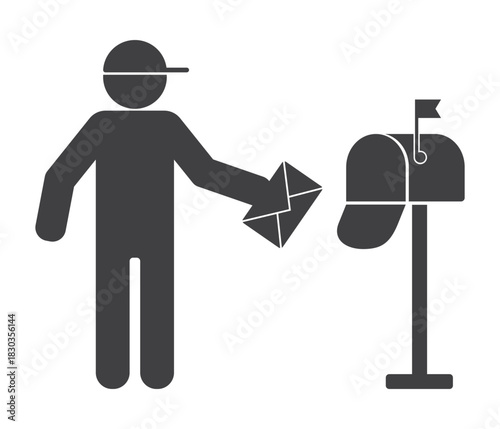 postman with letter in envelope near postbox icon