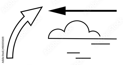 Direction concept. Direction by curved and straight black arrows with cloud and line details. Direction aids understanding navigation, movement, weather predictions, and strategy